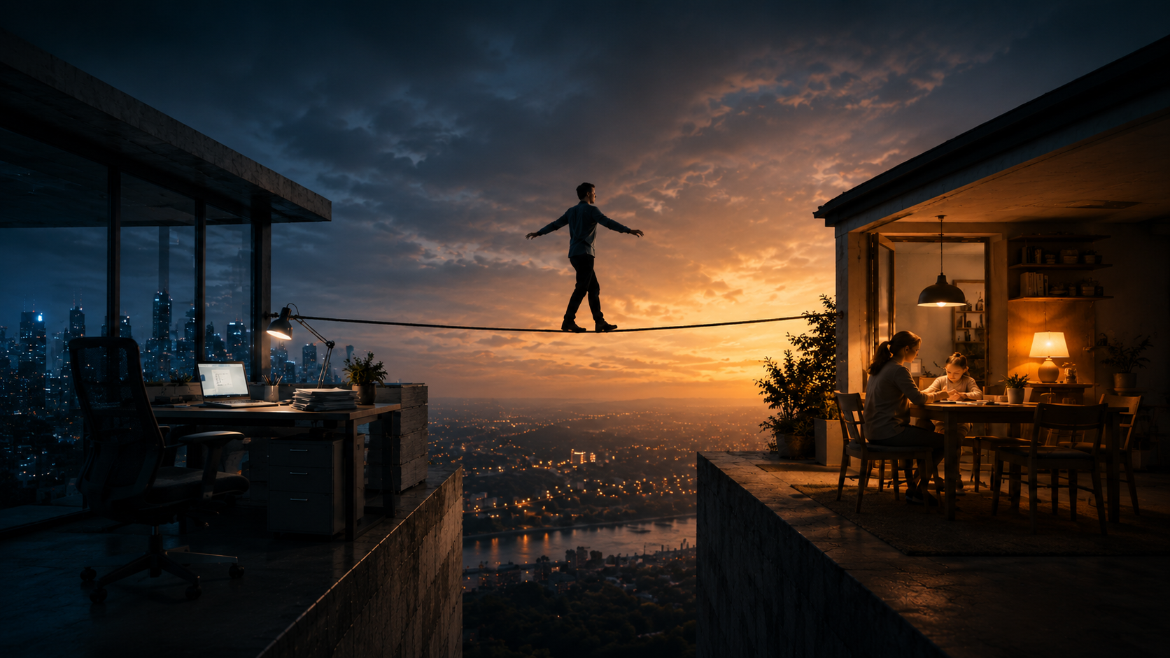 Un ejecutivo pasando en una cuerda con equilibrio entre su oficina y su casa 