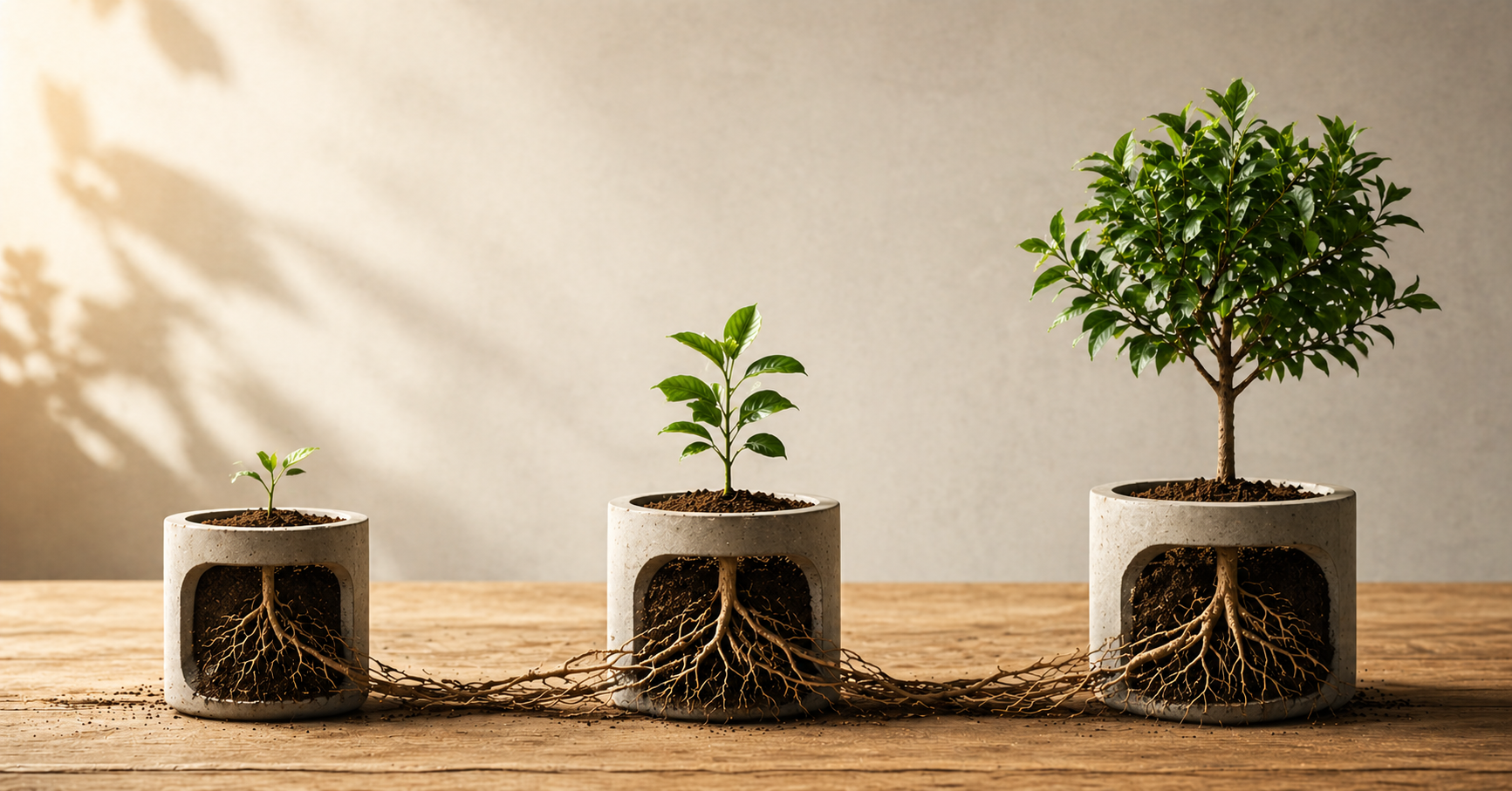 Tres árboles de diferentes tamaños simulando empresas