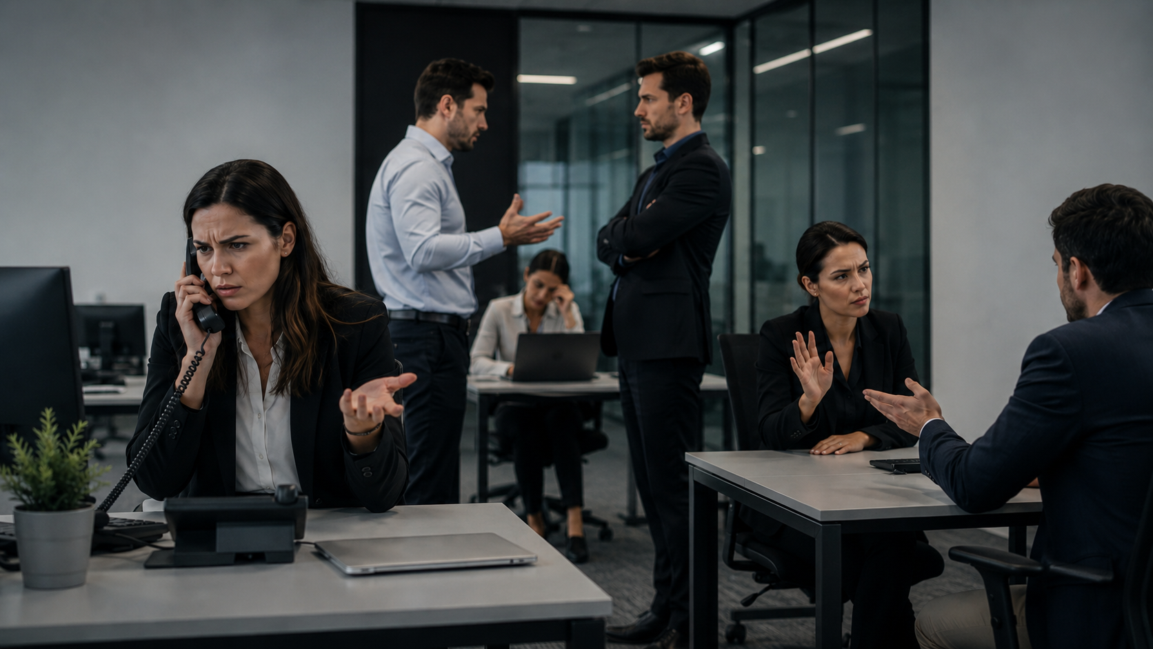 Personas en oficina mostrando tensión y falta de amabilidad en el entorno laboral